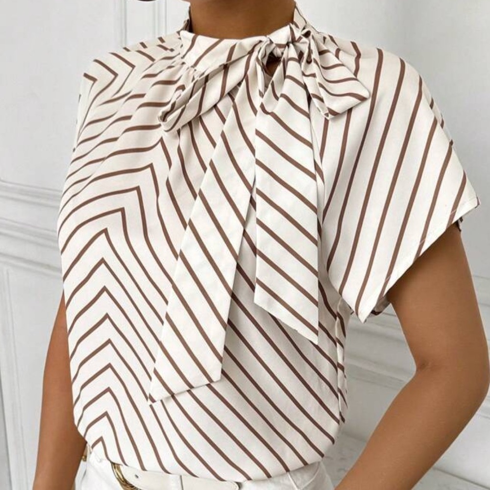 Elegant Casual Lace-Up Striped Print Summer Shirt